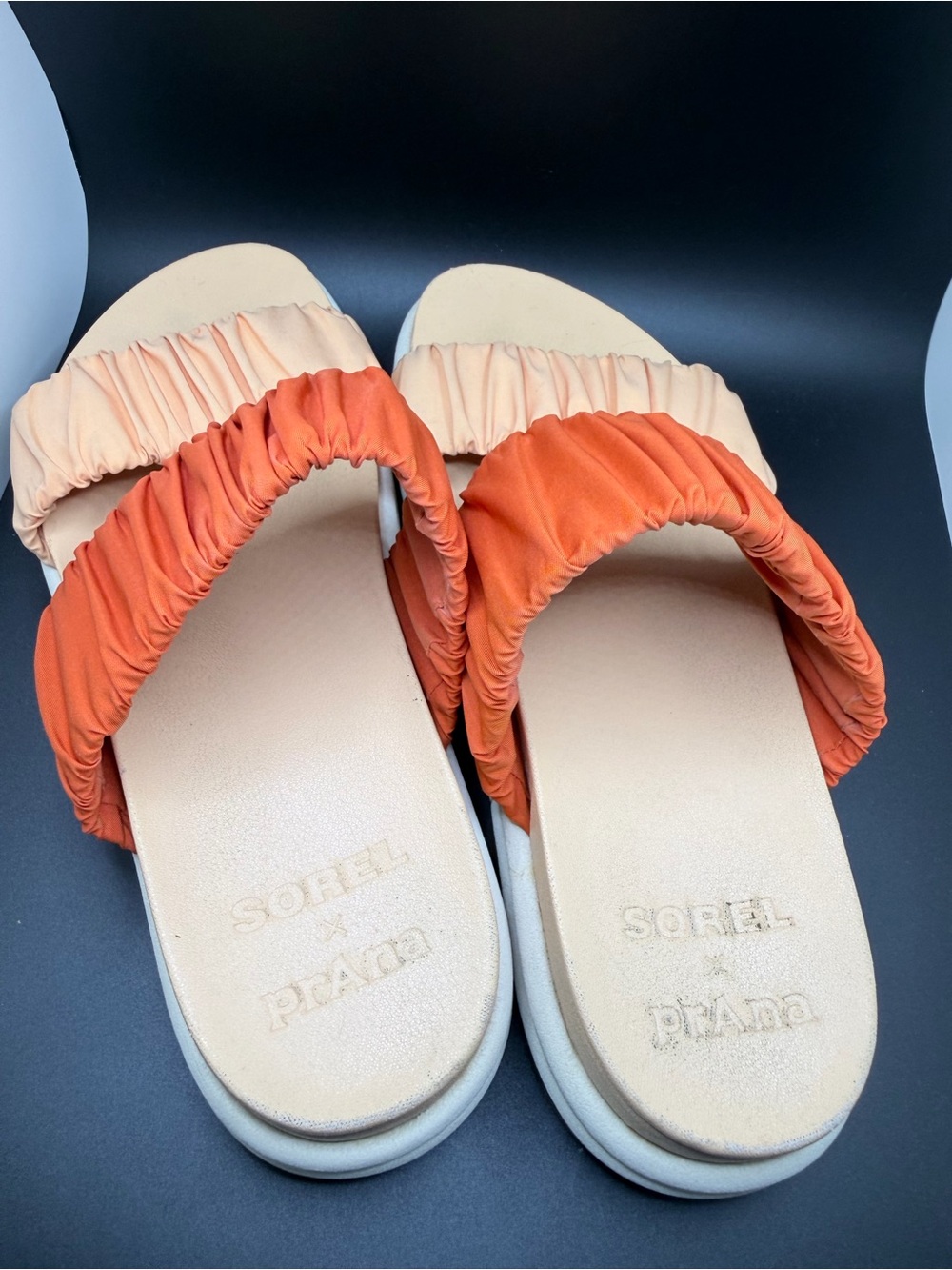Sorel Ruched Two-Band Slide Sandals in Orange and Peach - Picture 5 of 10